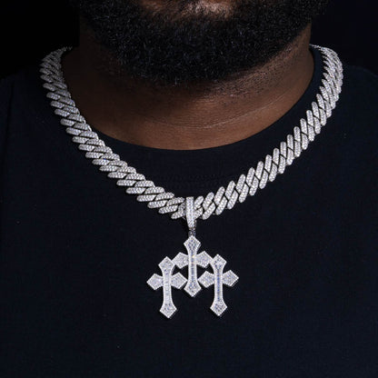 S925 Baguette Moissanite Triple Cross Pendant