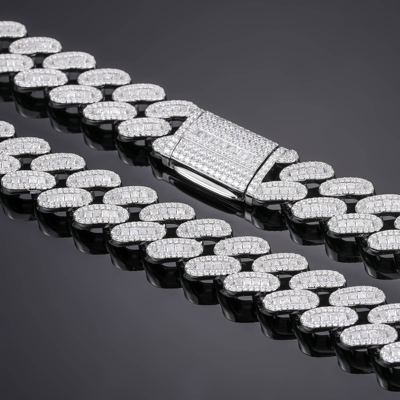 14mm S925 1 Row Baguette Moissanite Cuban Link Chain