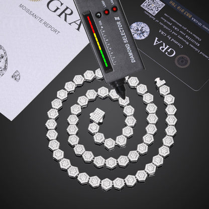 9mm 925 Silver Moissanite Geometric Hexagon Link Chain