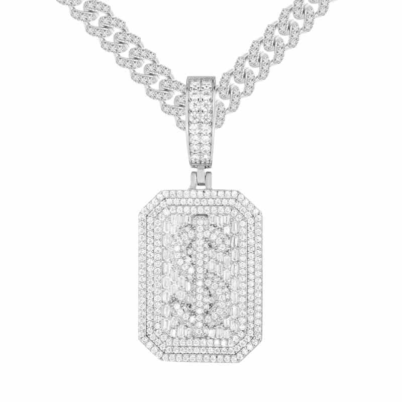 S925 Baguette Moissanite Dollar Sign Dog Tag Pendant