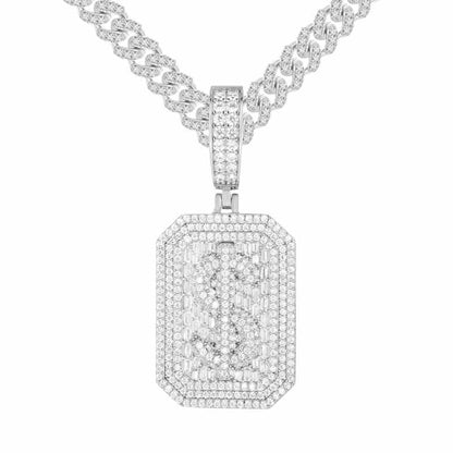 S925 Baguette Moissanite Dollar Sign Dog Tag Pendant