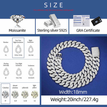 18mm S925 3 Rows Moissanite Round Cuban Link Chain