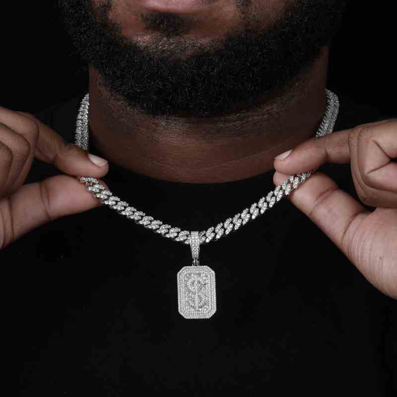 S925 Baguette Moissanite Dollar Sign Dog Tag Pendant