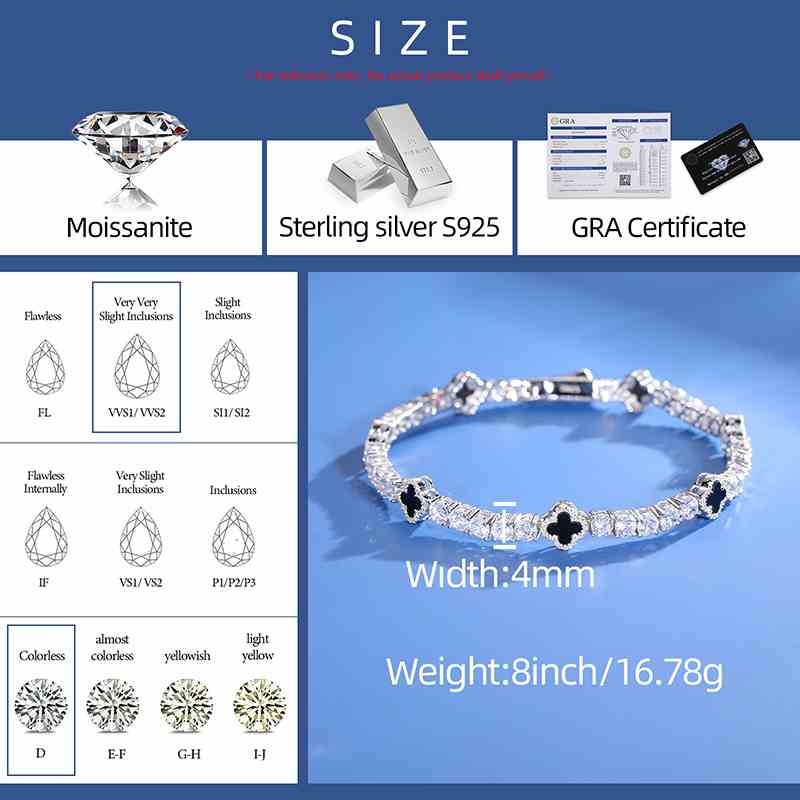 4mm S925 Moissanite Tennis Bracelet With Four Leaf Clover