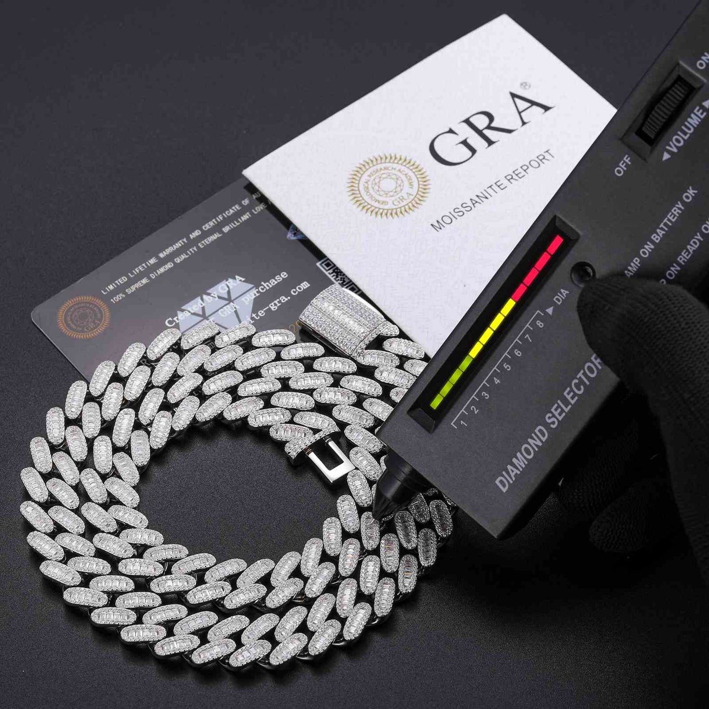 14mm S925 1 Row Baguette Moissanite Cuban Link Chain