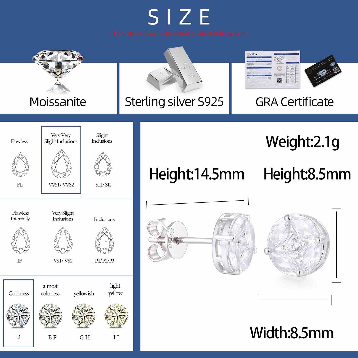 S925 Marquise Cut Moissanite Round Stud Earrings