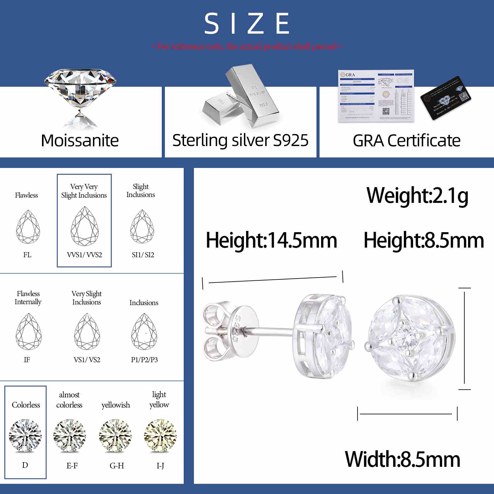 S925 Marquise Cut Moissanite Round Stud Earrings