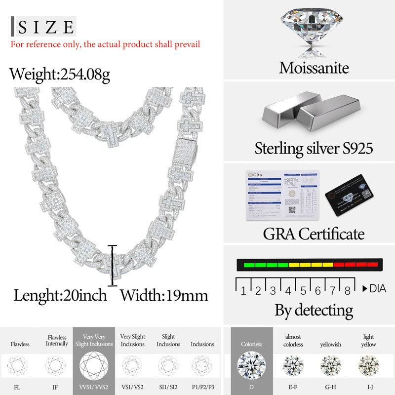 19mm S925 Moissanite Princess Cut Cross Cuban Link Chain