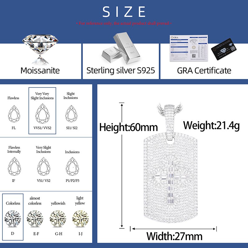 S925 Moissanite Baguette Cross Sign Dog Tag Pendant