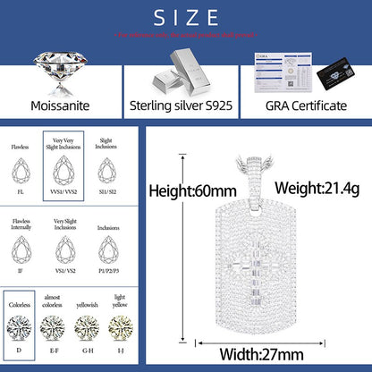S925 Moissanite Baguette Cross Sign Dog Tag Pendant