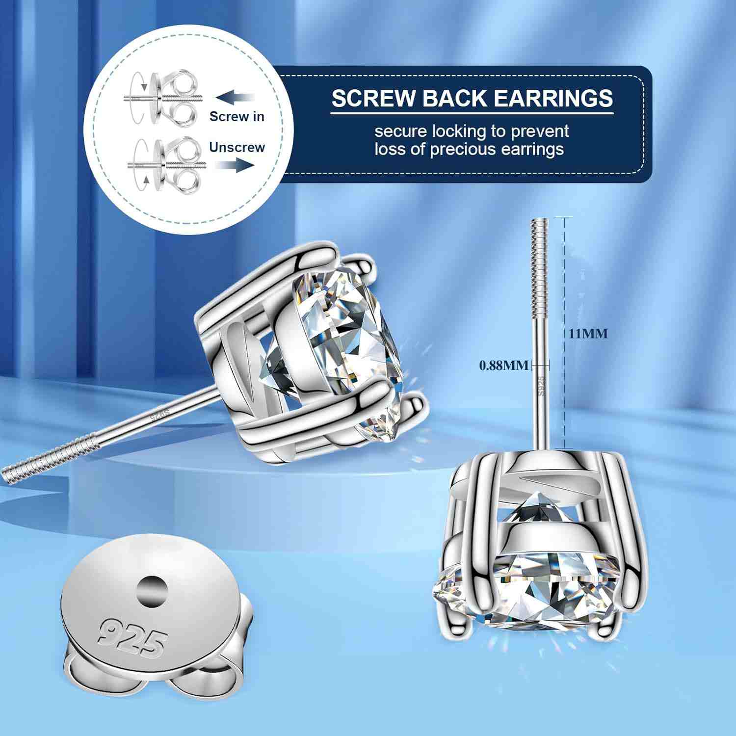 Screw Back Solitaire Moissanite Stud Earrings