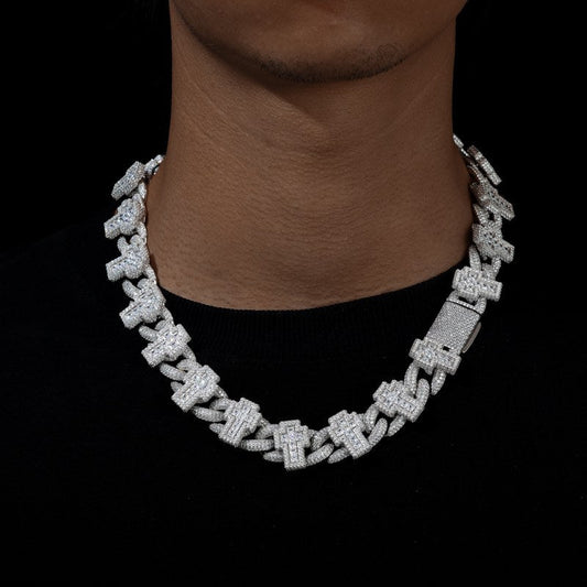 19mm S925 Moissanite Princess Cut Cross Cuban Link Chain