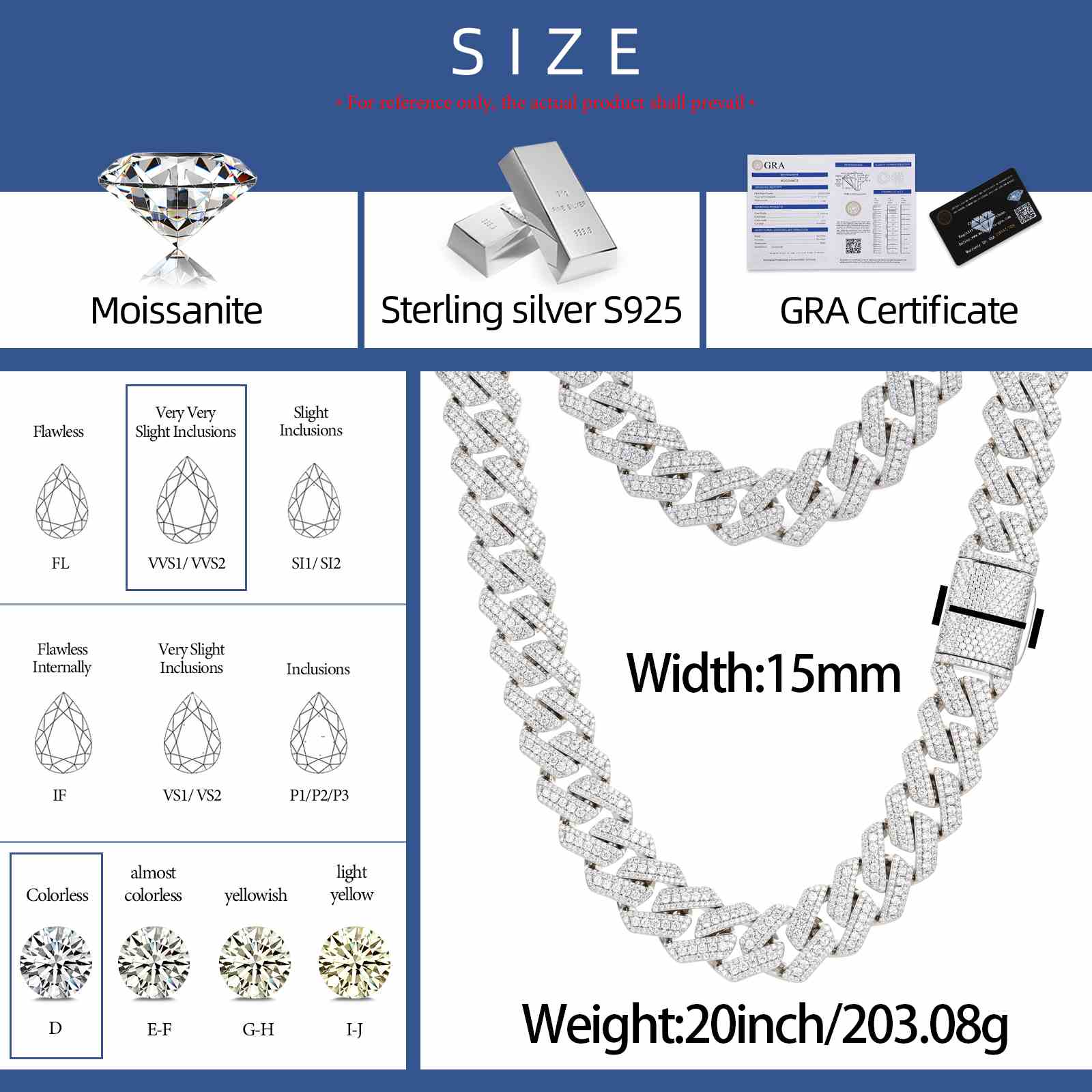 15mm S925 Micro 3 Rows Moissanite Cuban Link Chain