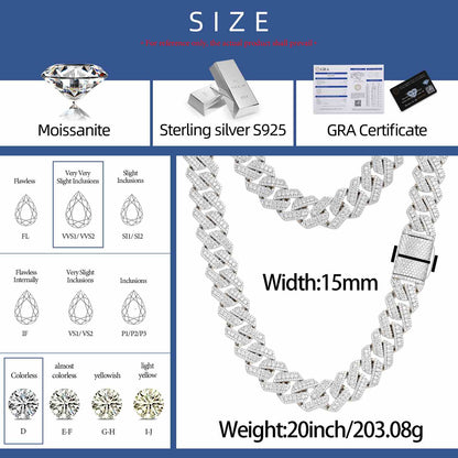 15mm S925 Micro 3 Rows Moissanite Cuban Link Chain