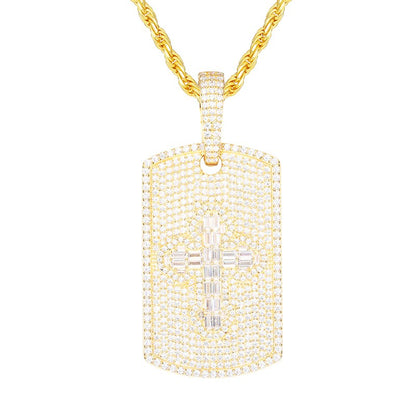 S925 Moissanite Baguette Cross Sign Dog Tag Pendant