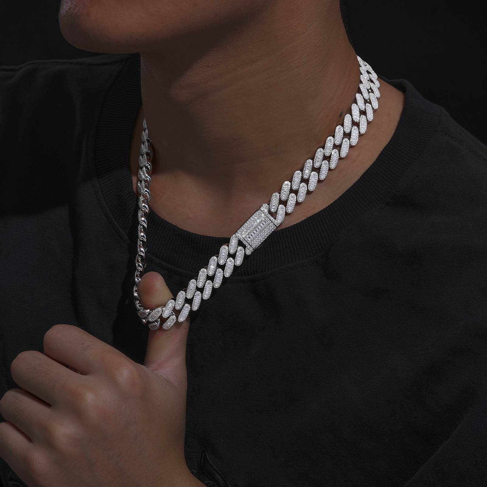 14mm S925 1 Row Baguette Moissanite Cuban Link Chain