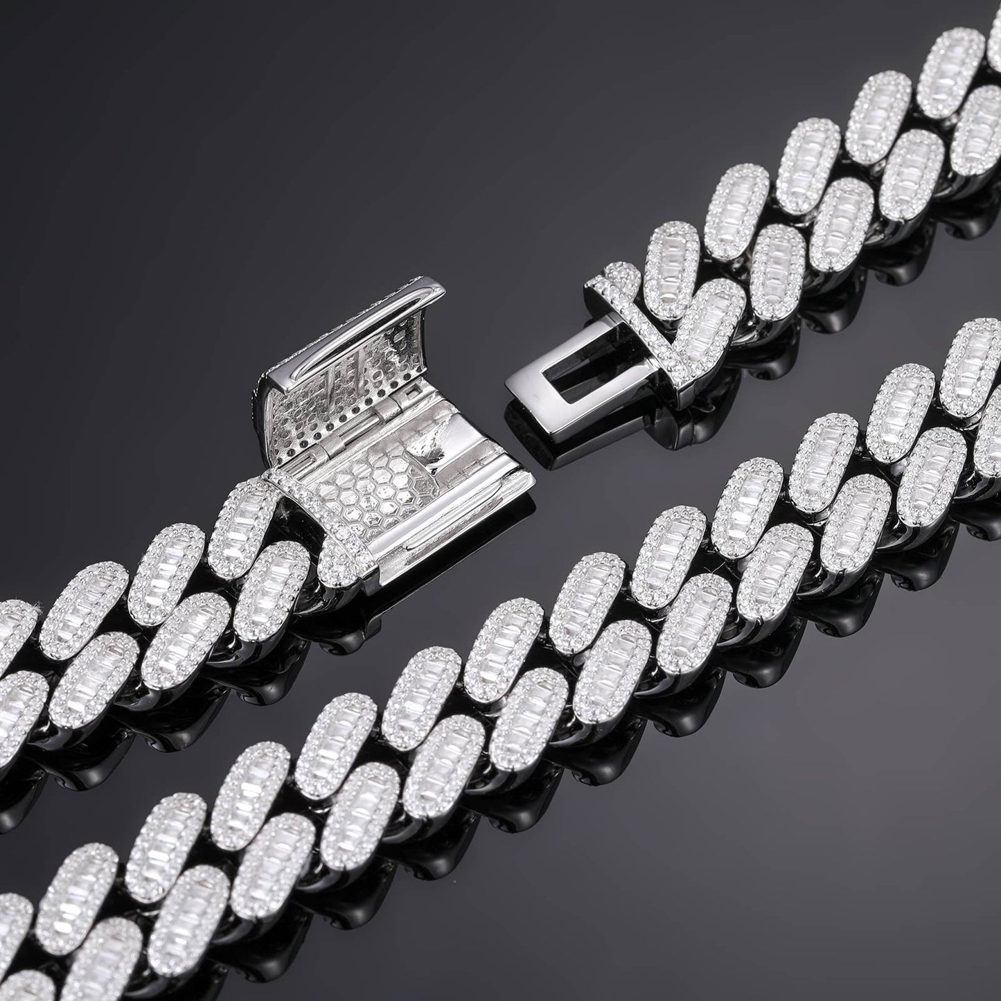 14mm S925 1 Row Baguette Moissanite Cuban Link Chain