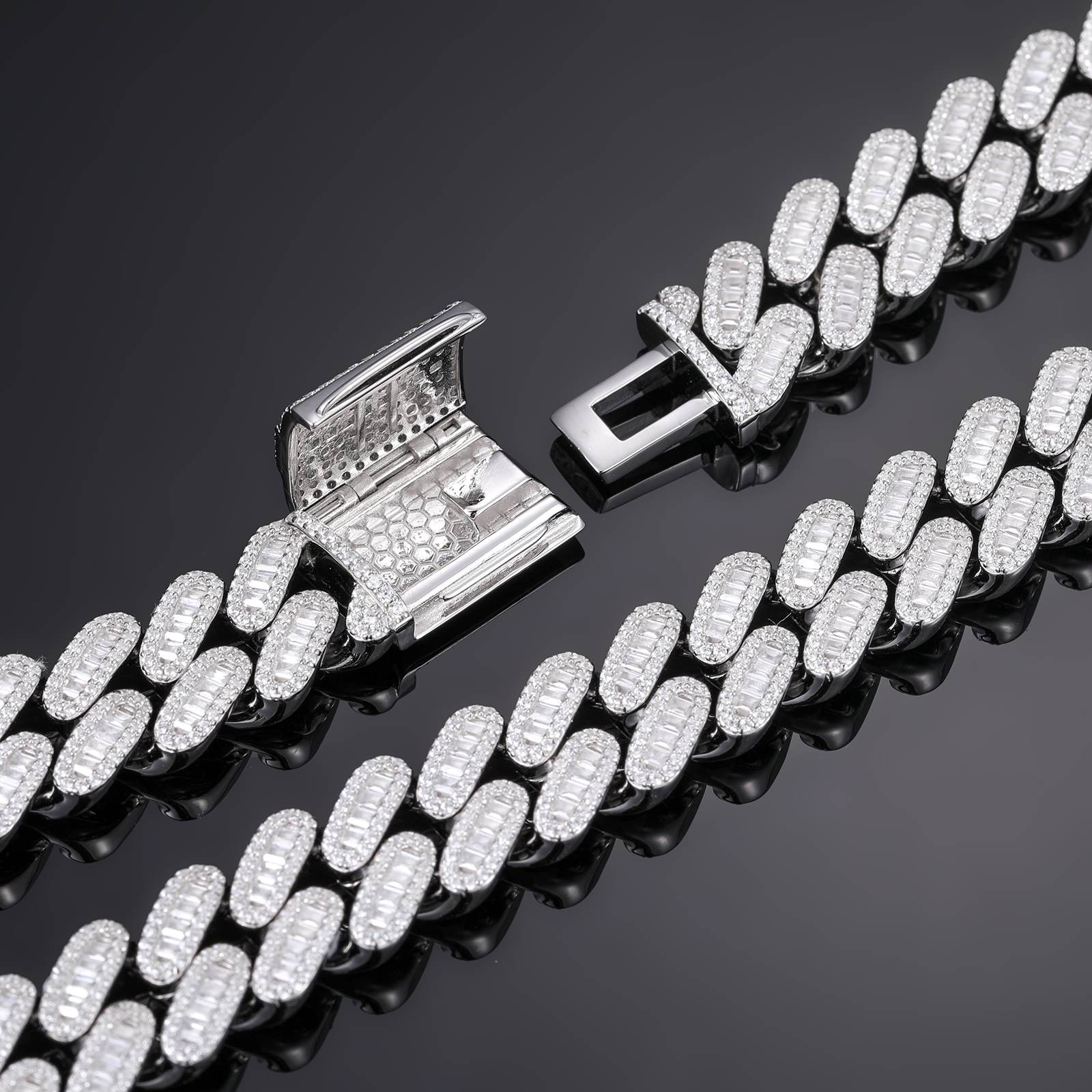 14mm S925 1 Row Baguette Moissanite Cuban Link Chain