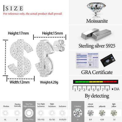 S925 Moissanite US Dollar Stud Earrings