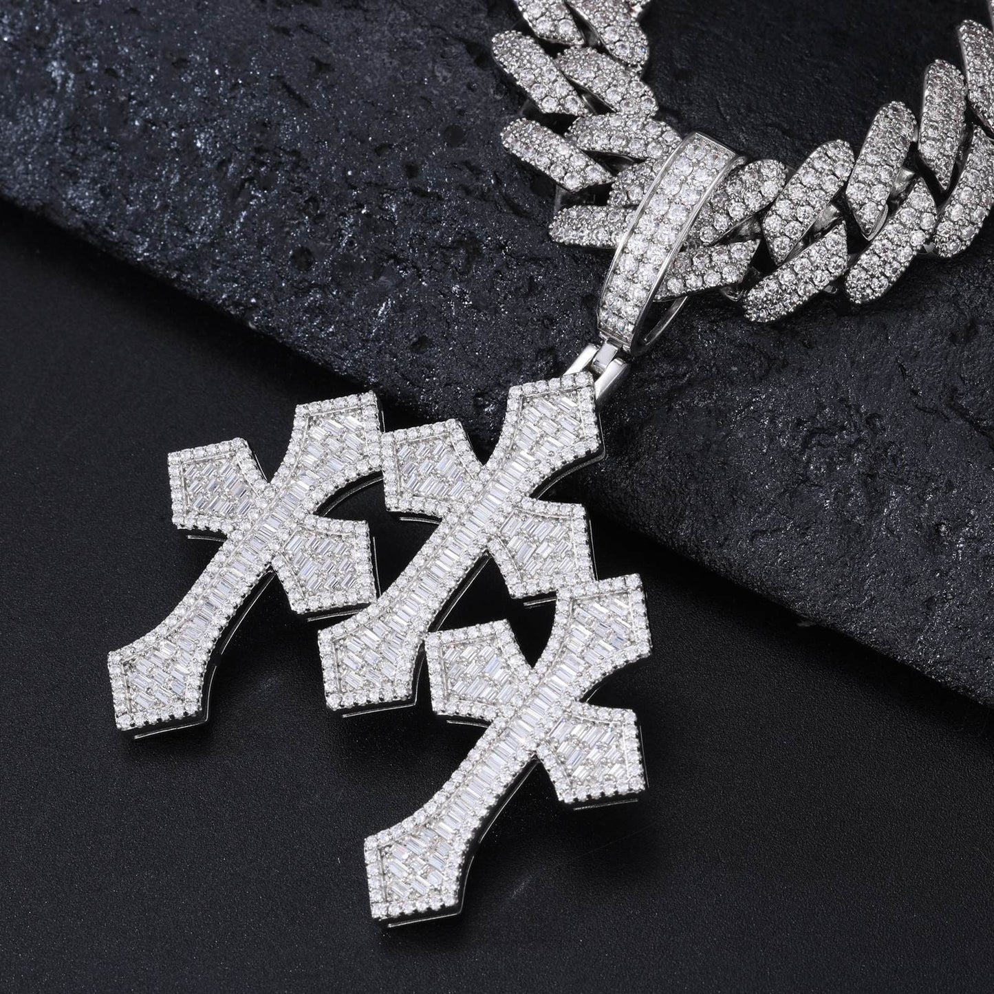 S925 Baguette Moissanite Triple Cross Pendant