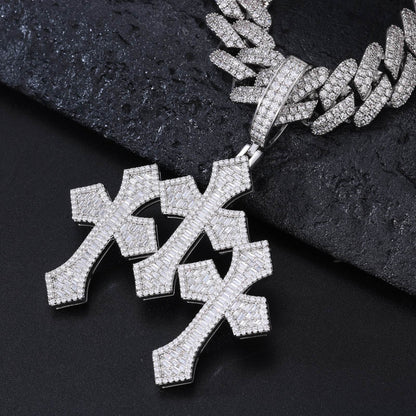 S925 Baguette Moissanite Triple Cross Pendant