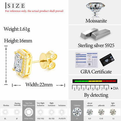 S925 Moissanite Baguette Square Stud Earrings