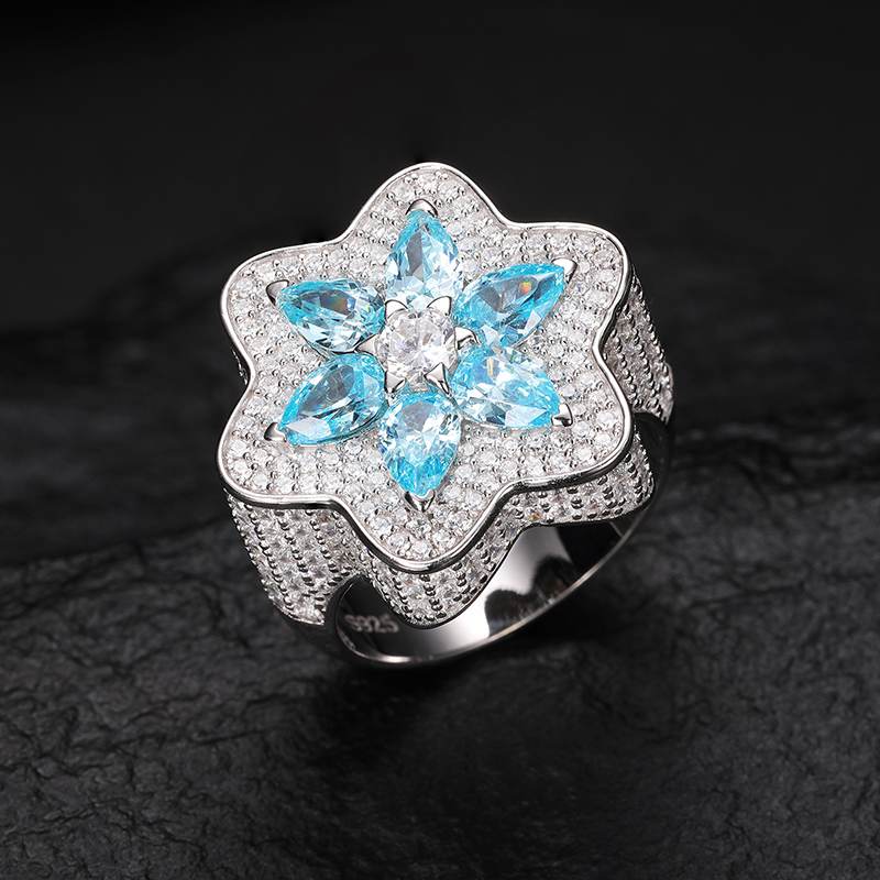 S925 Moissanite Blue CZ Star of David Ring