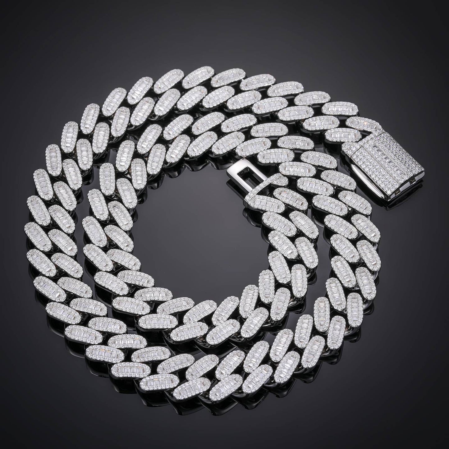 14mm S925 1 Row Baguette Moissanite Cuban Link Chain
