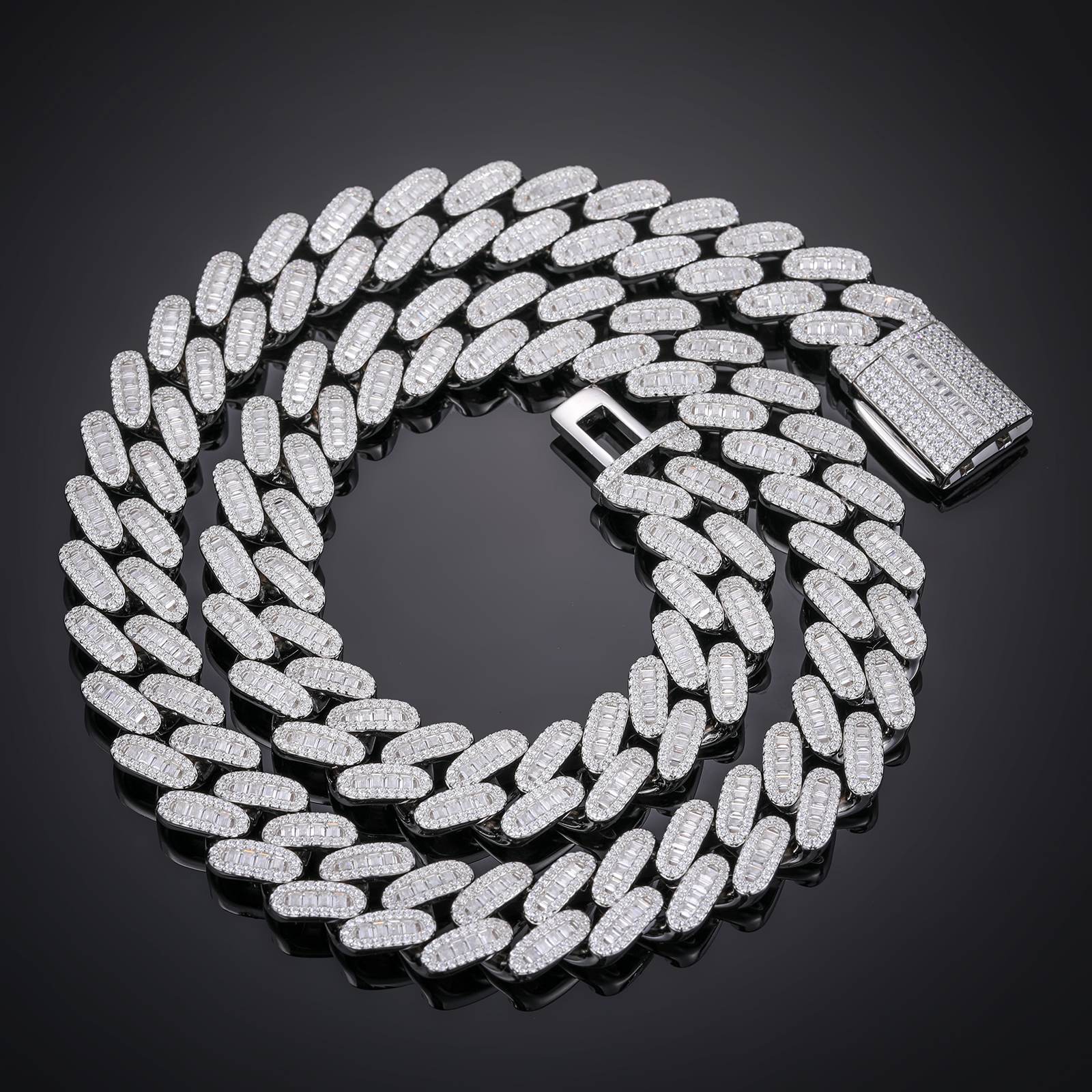 14mm S925 1 Row Baguette Moissanite Cuban Link Chain