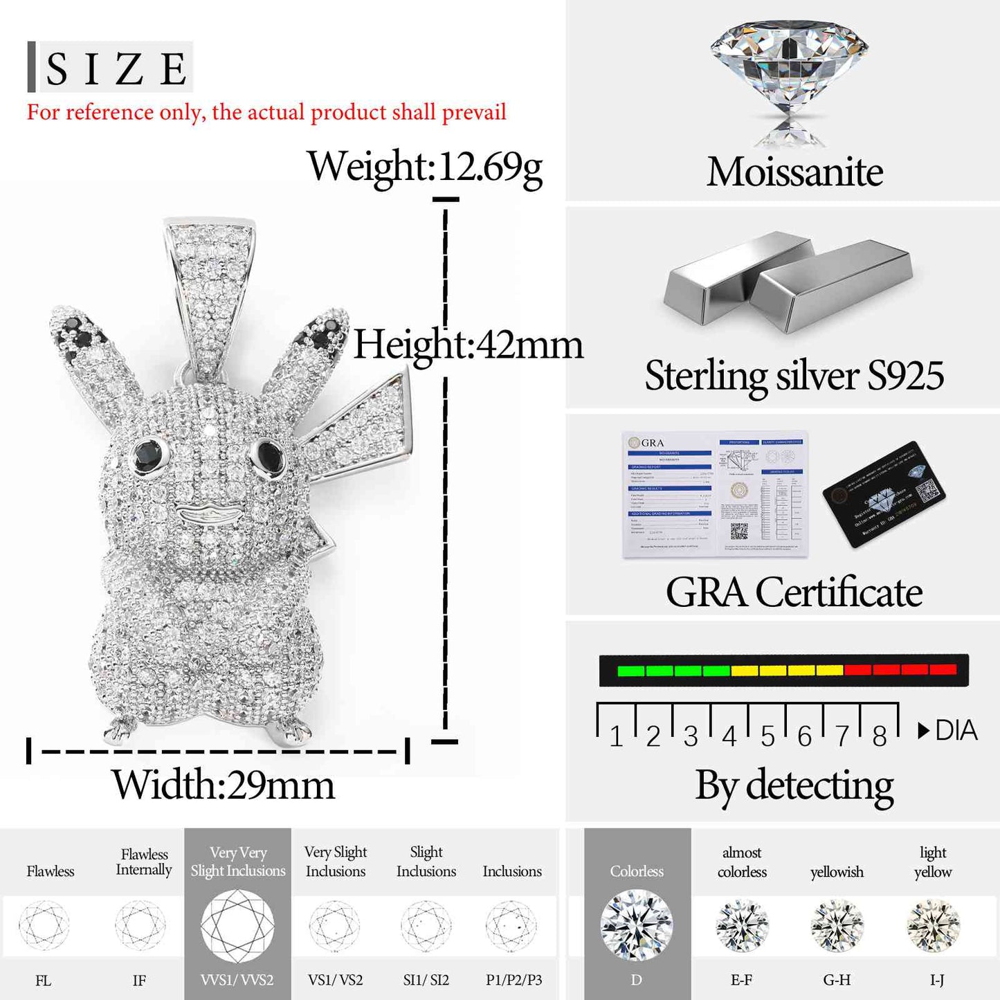 S925 Moissanite Cute Pikachu Pendant