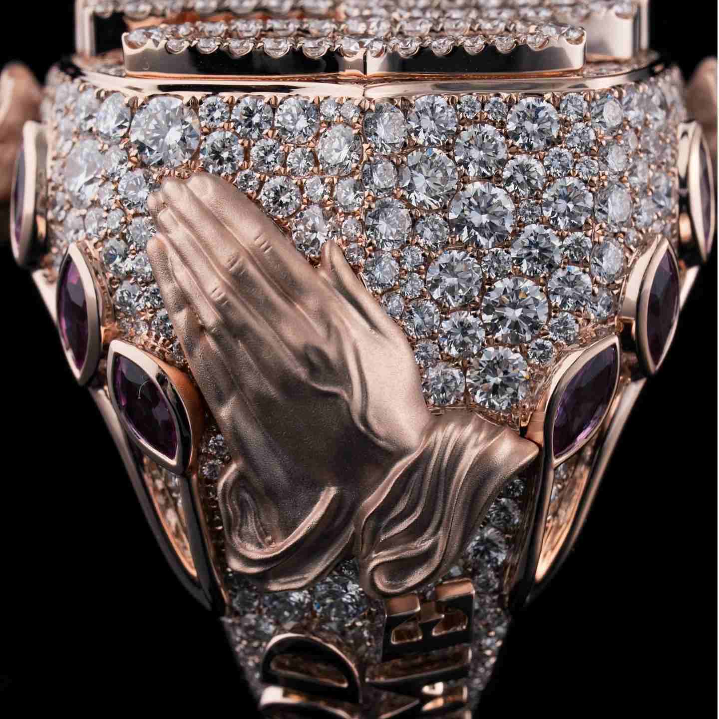 S925 Moissanite Custom Name Champion Ring With Rose Pray Hand Pattern