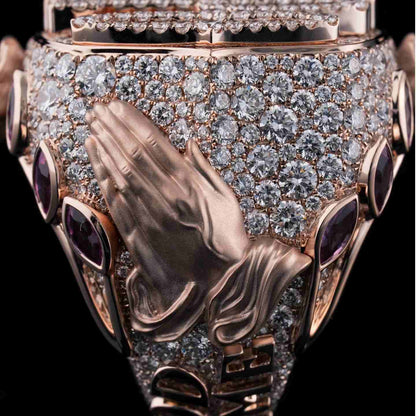 S925 Moissanite Custom Name Champion Ring With Rose Pray Hand Pattern