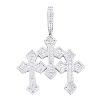 S925 Baguette Moissanite Triple Cross Pendant