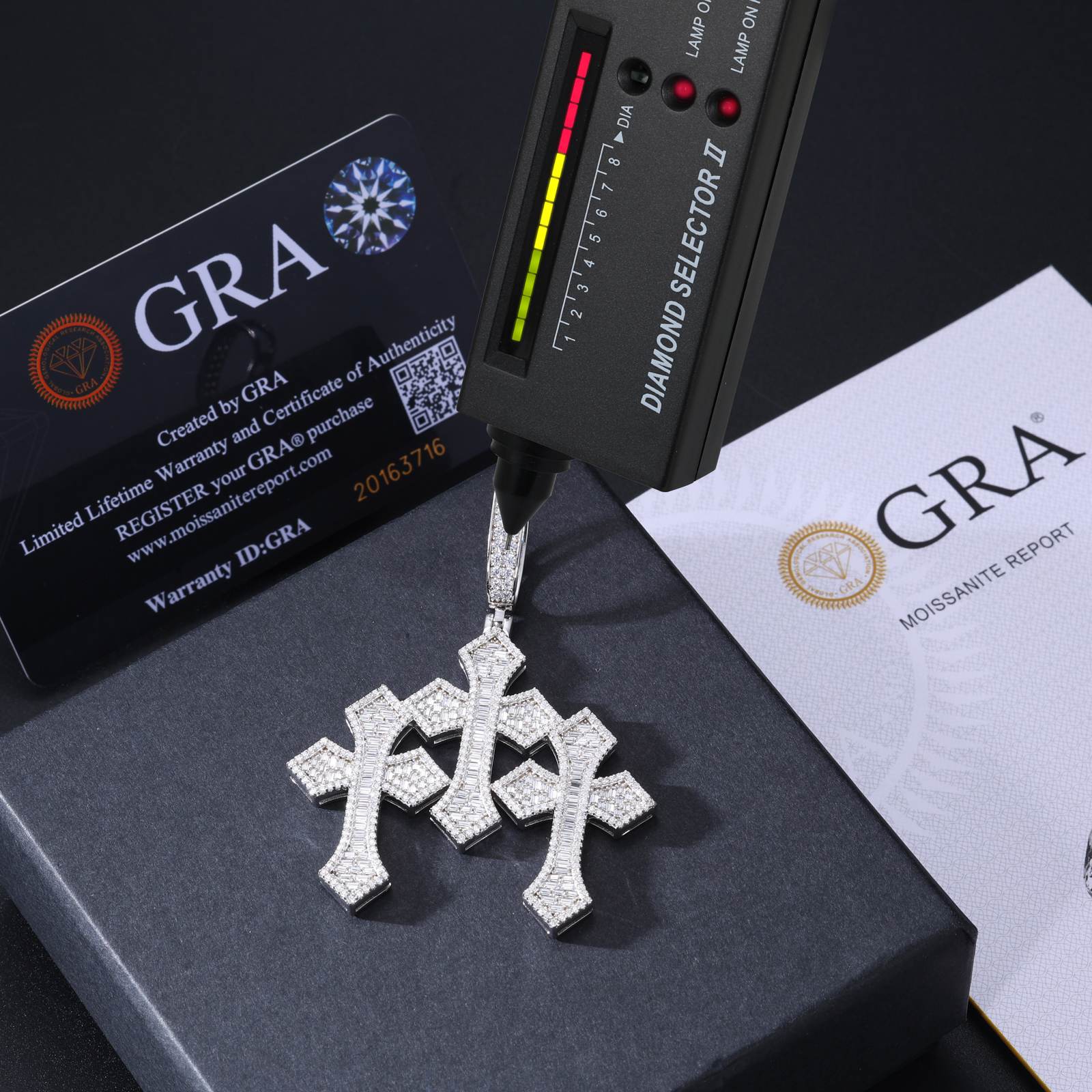 S925 Baguette Moissanite Triple Cross Pendant