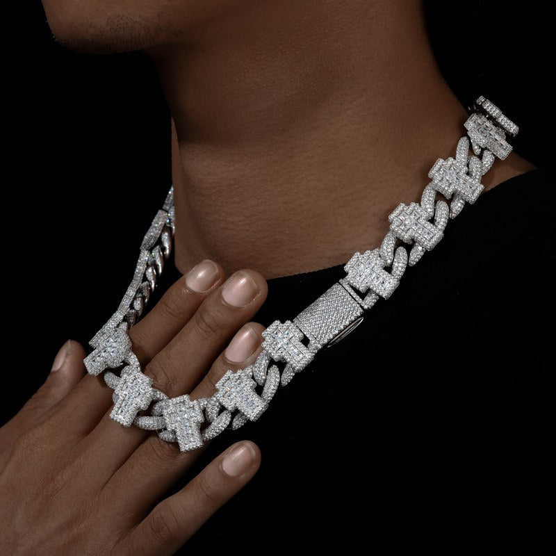 19mm S925 Moissanite Princess Cut Cross Cuban Link Chain