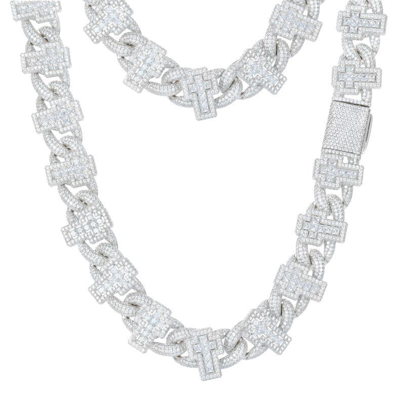 19mm S925 Moissanite Princess Cut Cross Cuban Link Chain