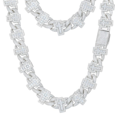 19mm S925 Moissanite Princess Cut Cross Cuban Link Chain