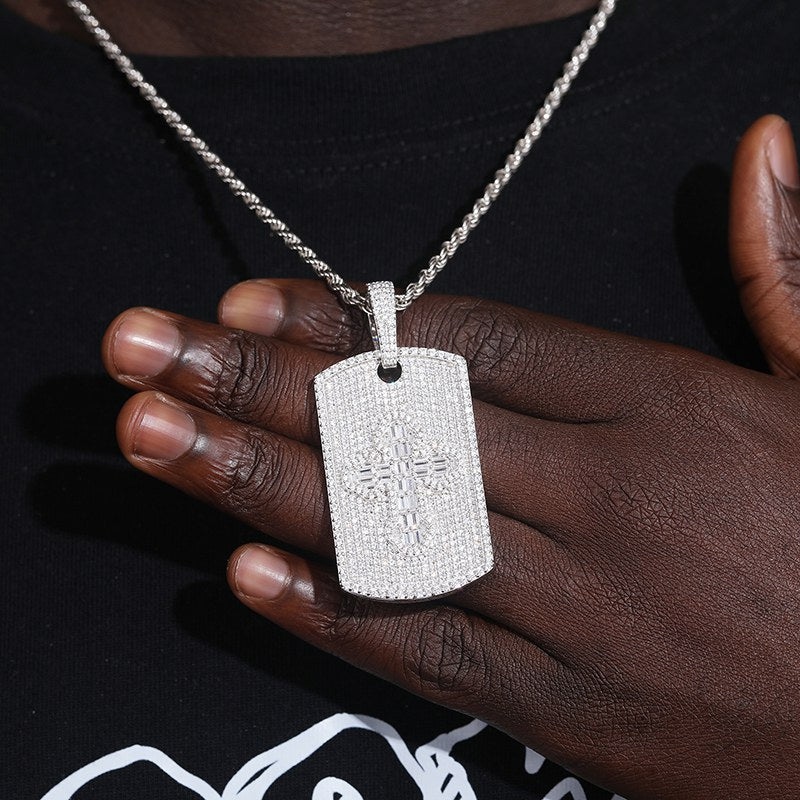 S925 Moissanite Baguette Cross Sign Dog Tag Pendant