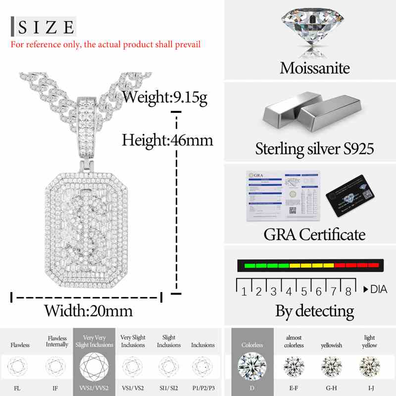 S925 Baguette Moissanite Dollar Sign Dog Tag Pendant