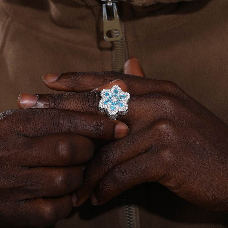 S925 Moissanite Blue CZ Star of David Ring