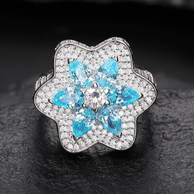 S925 Moissanite Blue CZ Star of David Ring