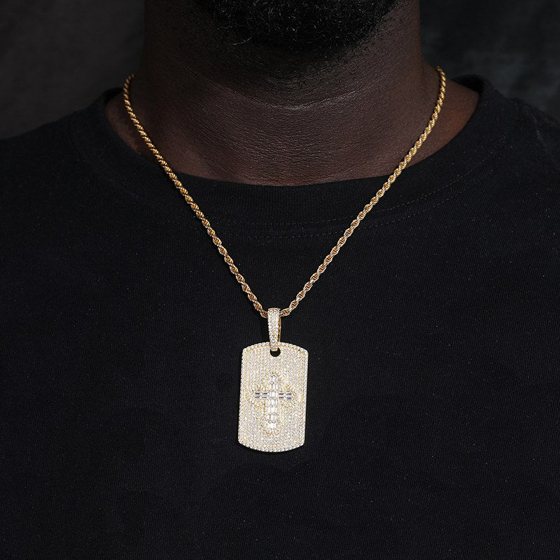S925 Moissanite Baguette Cross Sign Dog Tag Pendant