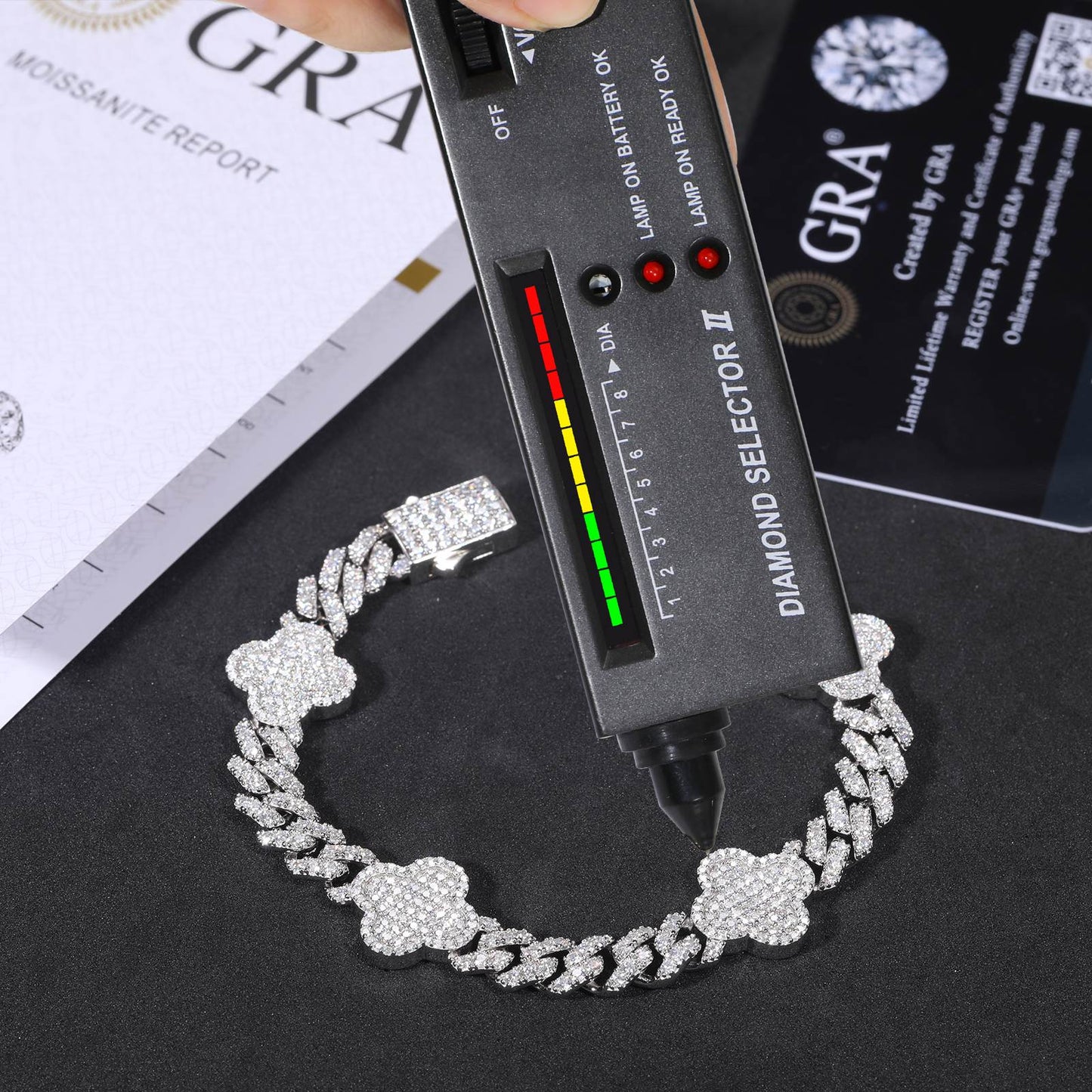 6mm S925 Moissanite Four Leaf Clover Cuban Link Bracelet