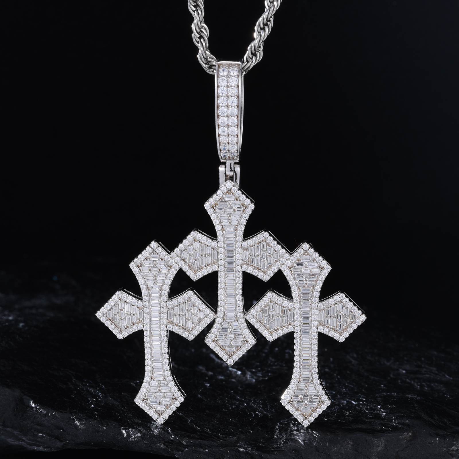 S925 Baguette Moissanite Triple Cross Pendant
