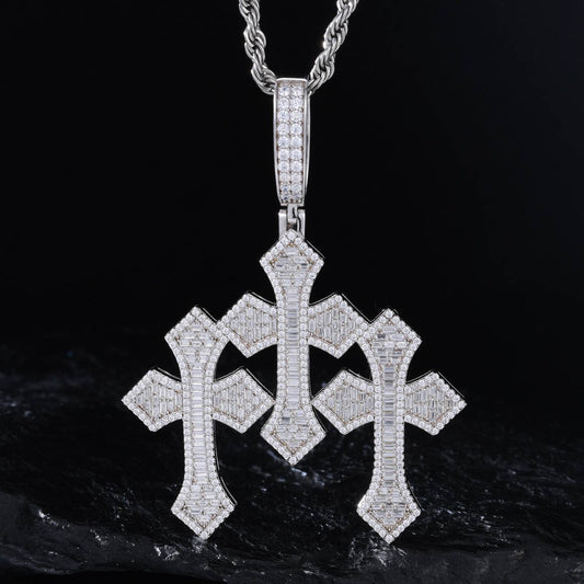 S925 Baguette Moissanite Triple Cross Pendant