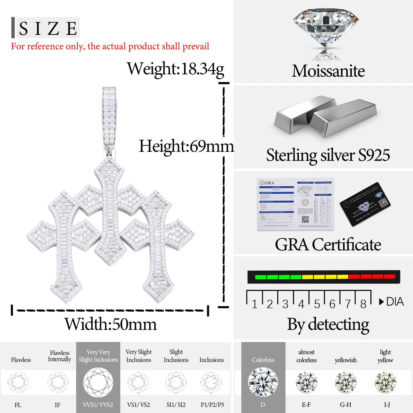 S925 Baguette Moissanite Triple Cross Pendant