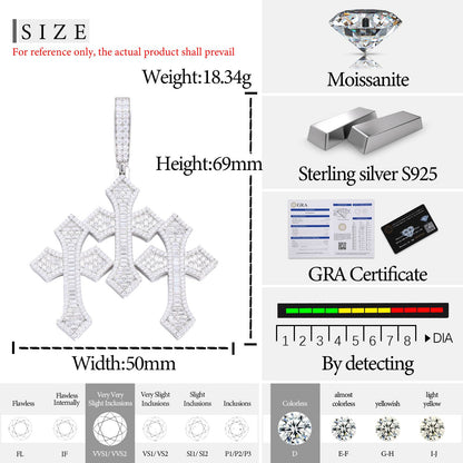 S925 Baguette Moissanite Triple Cross Pendant