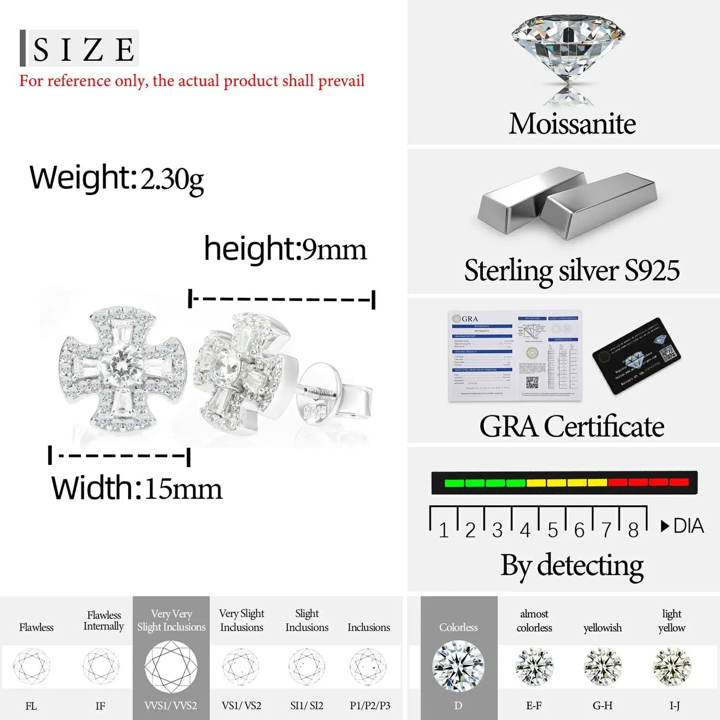 S925 Moissanite Canterbury Cross Stud Earrings