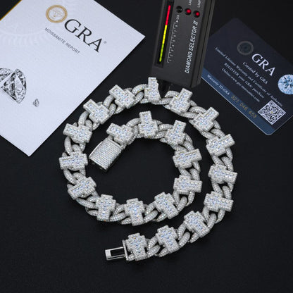 19mm S925 Moissanite Princess Cut Cross Cuban Link Chain