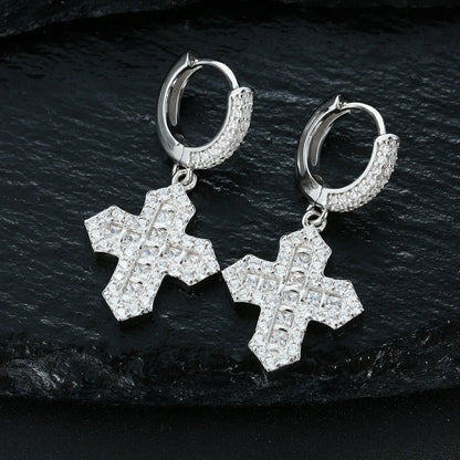 S925 Princess Cut Moissanite Cross Drop Earrings
